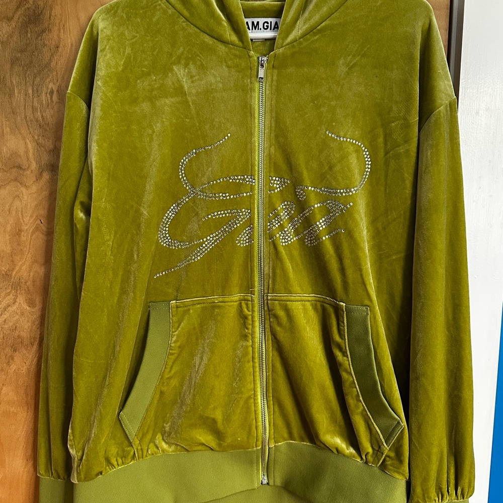 Green I.Am.Gia Velour Zip-Up Hoodie with Rhinestone Detail